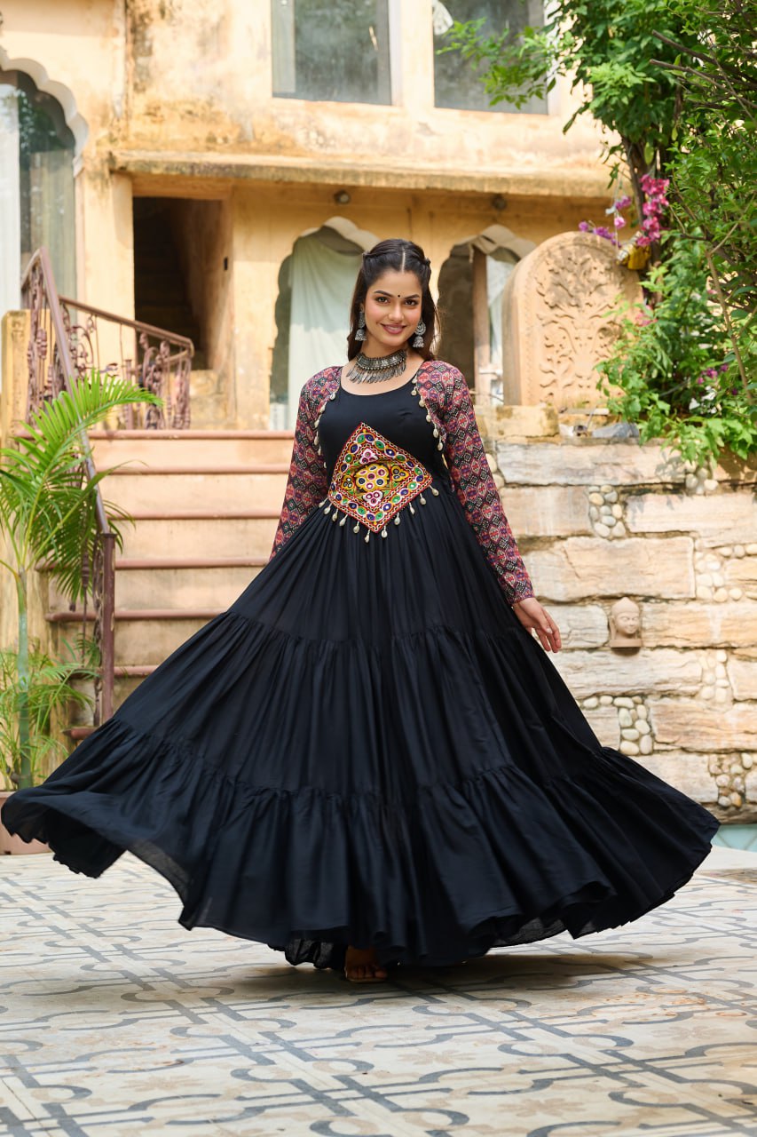 Black Navratri Special Gown with Kutchi Gamthi Embroidery – 3 Layer Frill & 12 Meter Flair