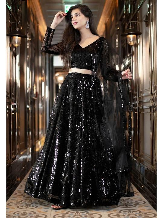 Black Net Sequinned and Embroidered  Flared Lehenga Choli