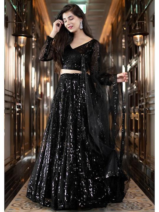 Black Net Sequinned and Embroidered  Flared Lehenga Choli