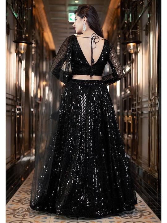 Black Net Sequinned and Embroidered  Flared Lehenga Choli