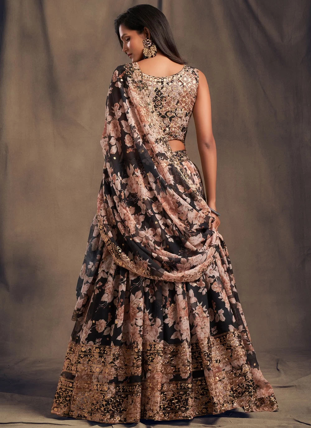 Black organza based digital printed lehenga choli