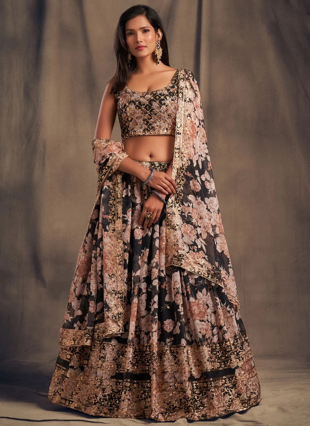 Black organza based digital printed lehenga choli
