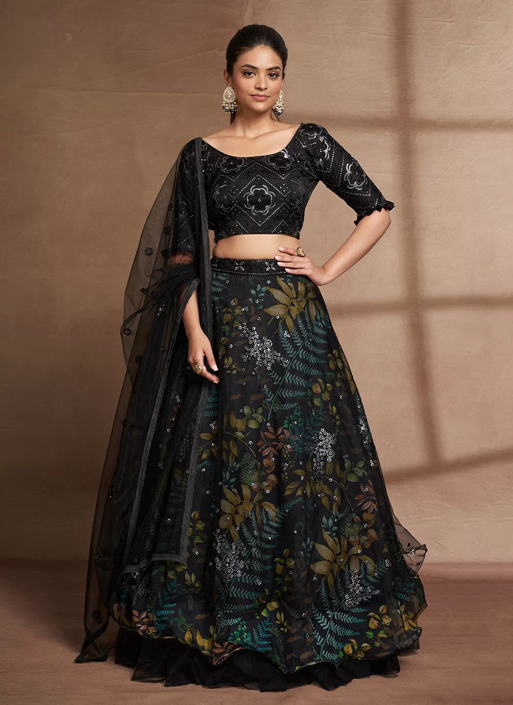 Black organza digital print and sequins party wear lehenga