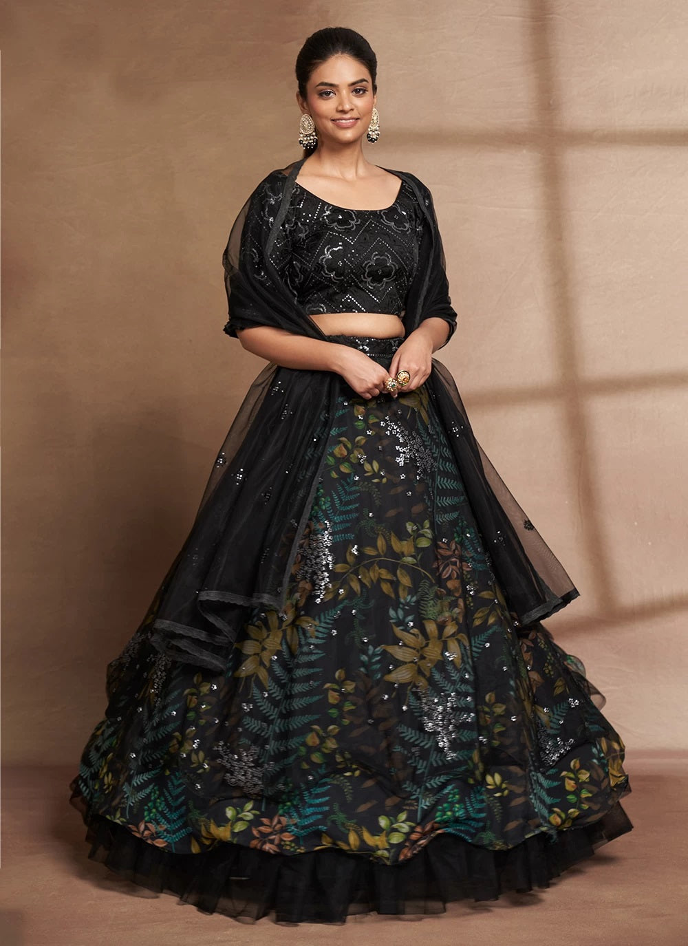 Black organza digital print and sequins party wear lehenga
