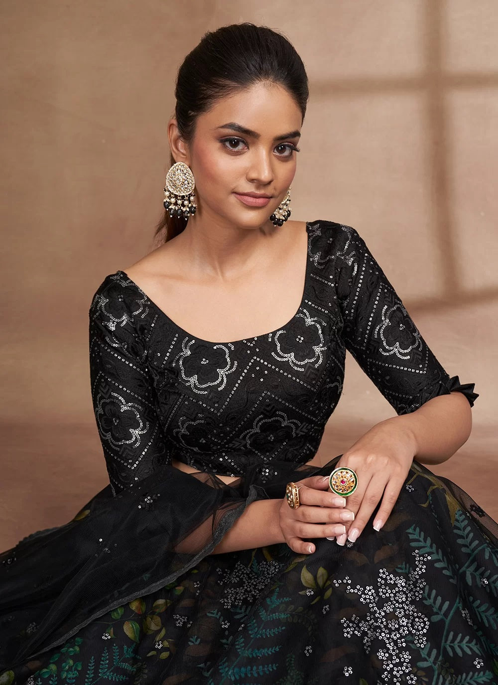 Black organza digital print and sequins party wear lehenga