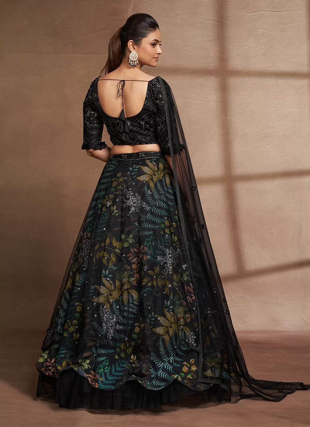 Black organza digital print and sequins party wear lehenga