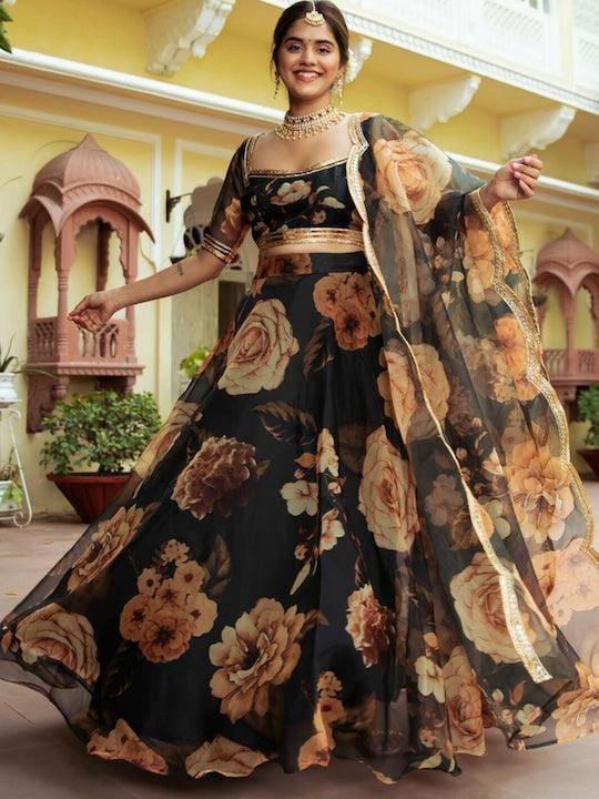 Black Organza printed Floral lehenga choli