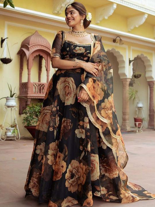 Black Organza printed Floral lehenga choli