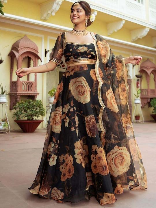 Black Organza printed Floral lehenga choli