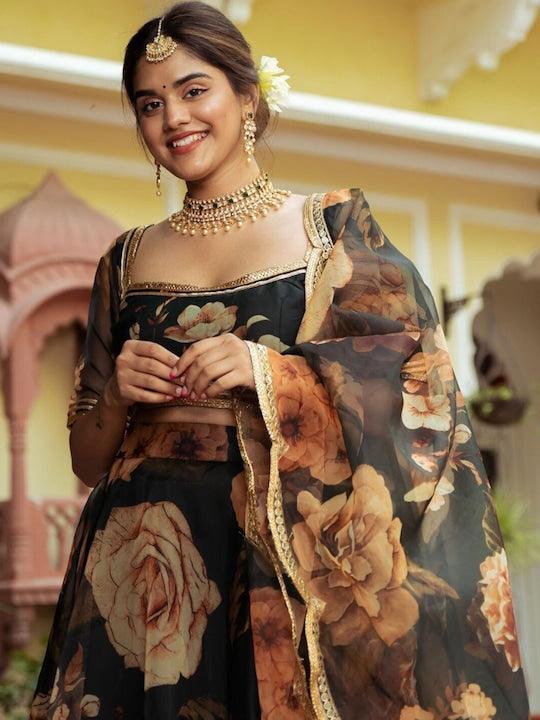 Black Organza printed Floral lehenga choli