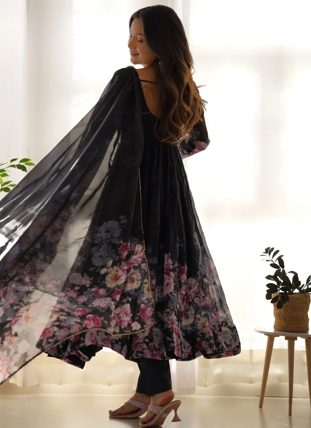 Black organza silk anarkali suit with gota patti dupatta