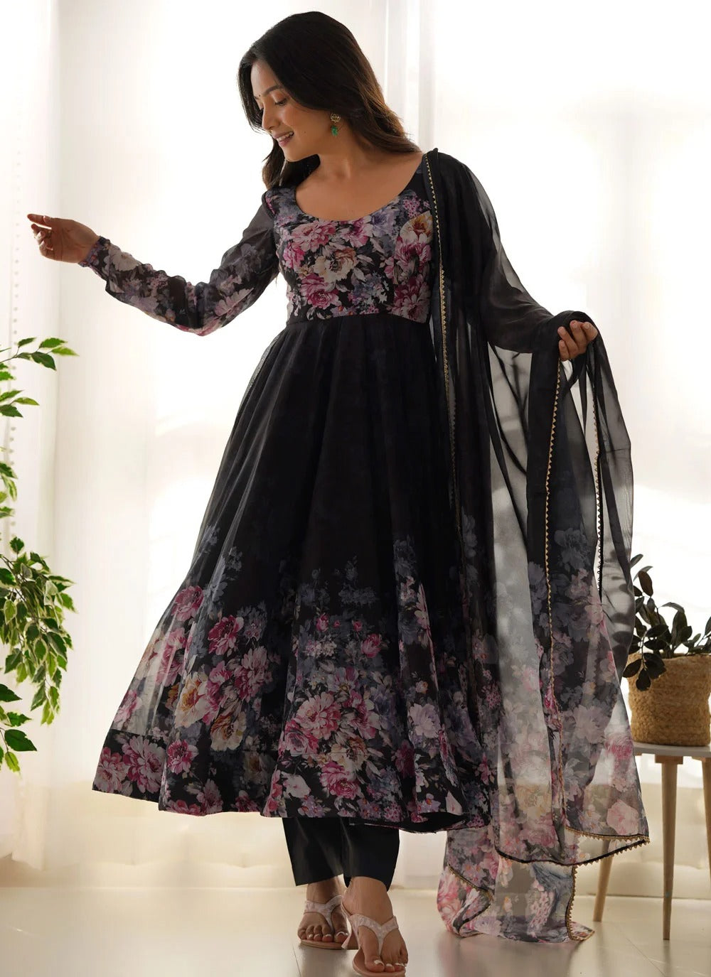Black organza silk anarkali suit with gota patti dupatta