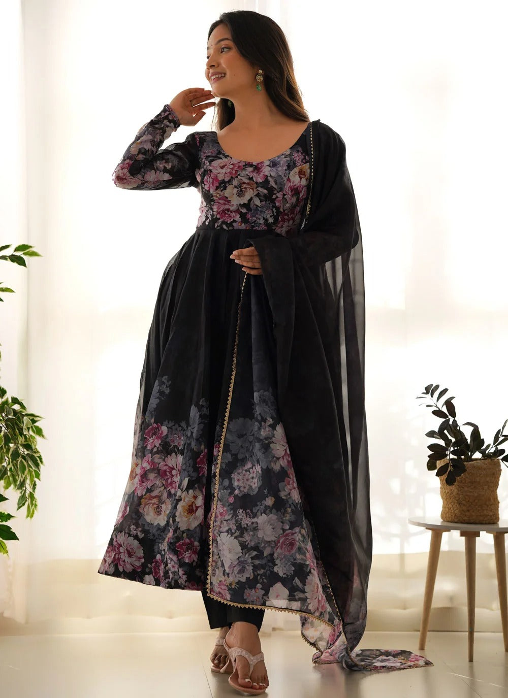 Black organza silk anarkali suit with gota patti dupatta