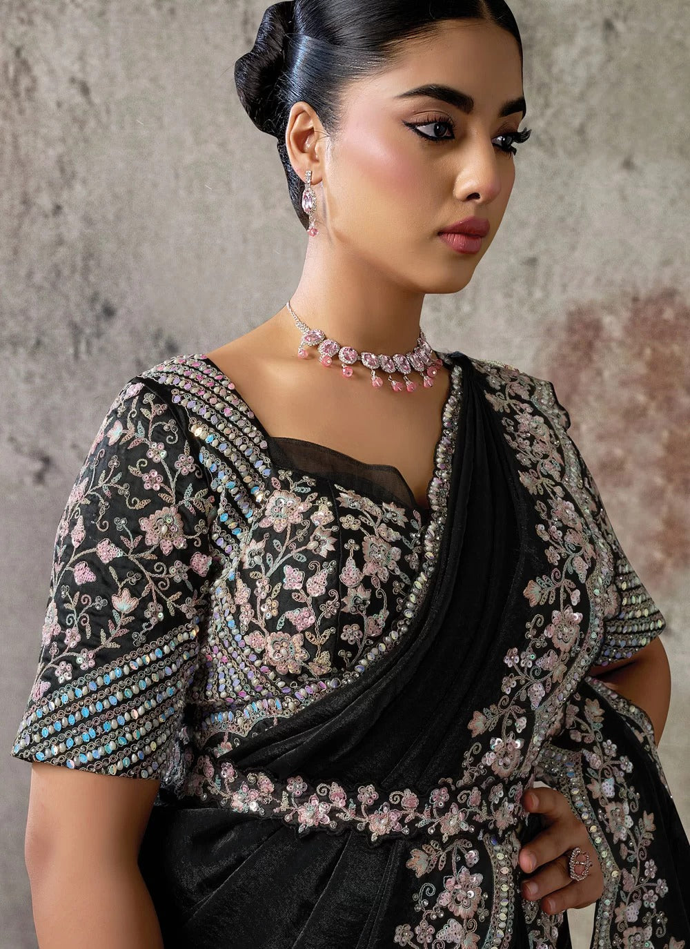 Black two tone satin silk ready to wear saree with sequins hand work