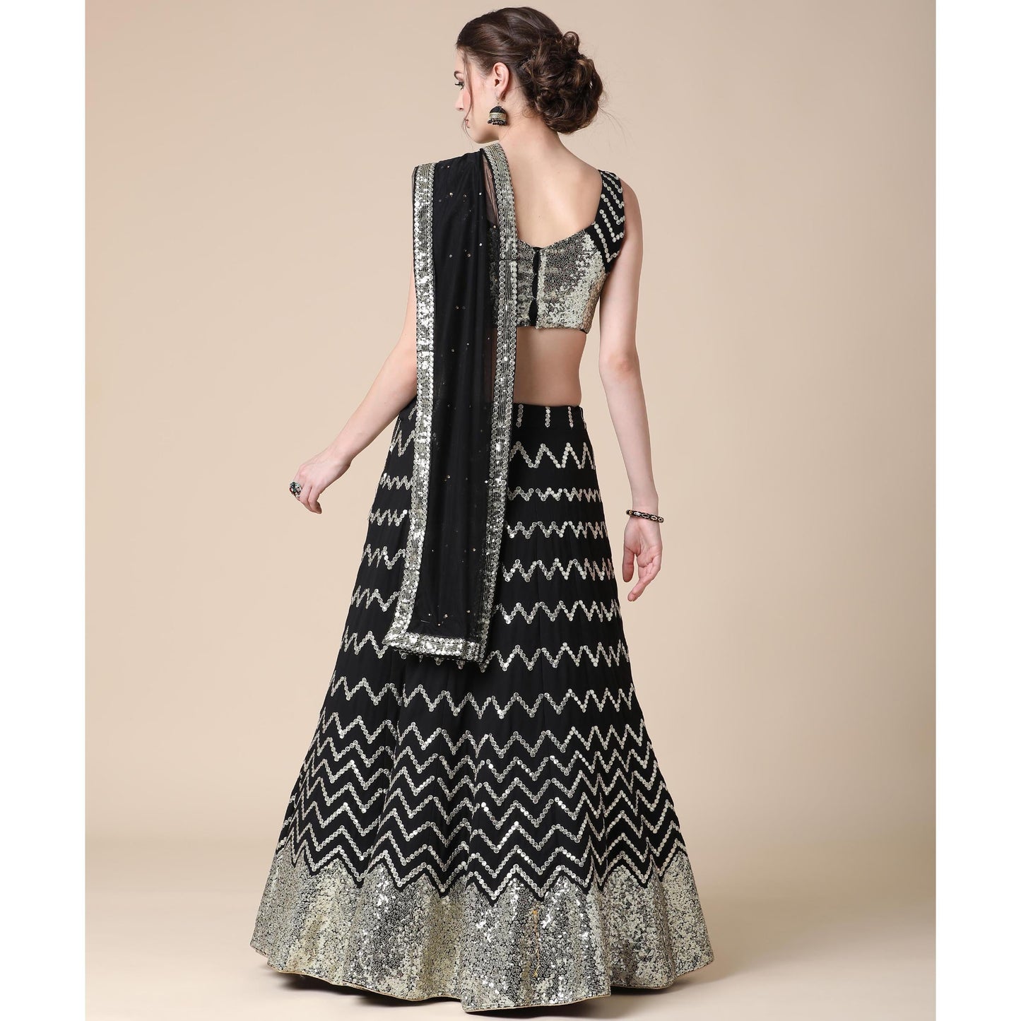 Black Partywear Sequins Embroidered Heavy Georgette Lehenga
