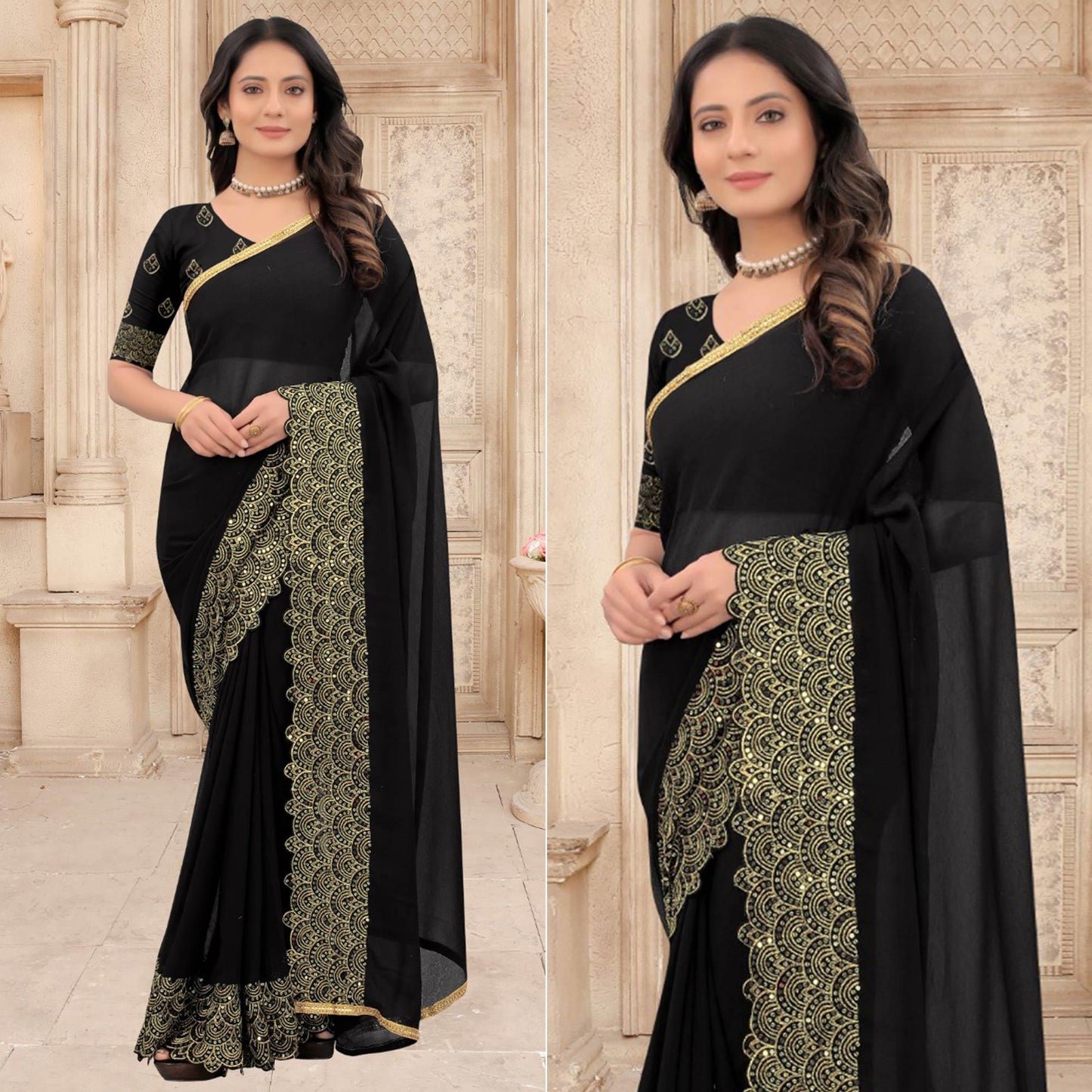 Black Partywear Sequins Embroidered Silk Saree