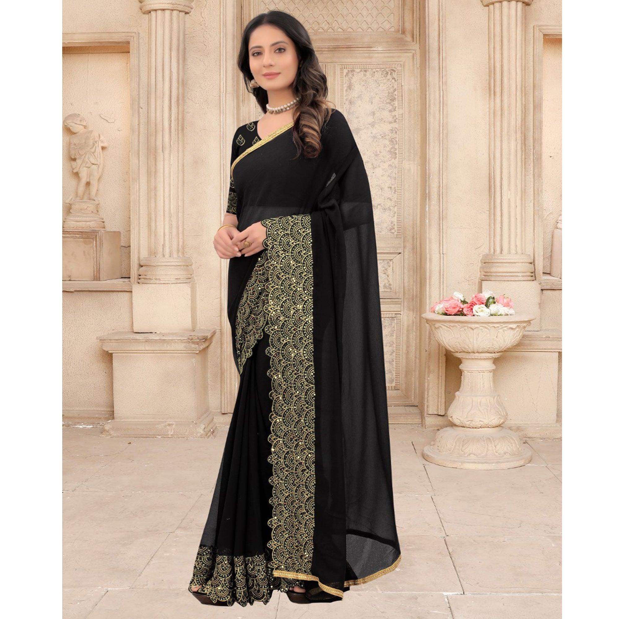 Black Partywear Sequins Embroidered Silk Saree