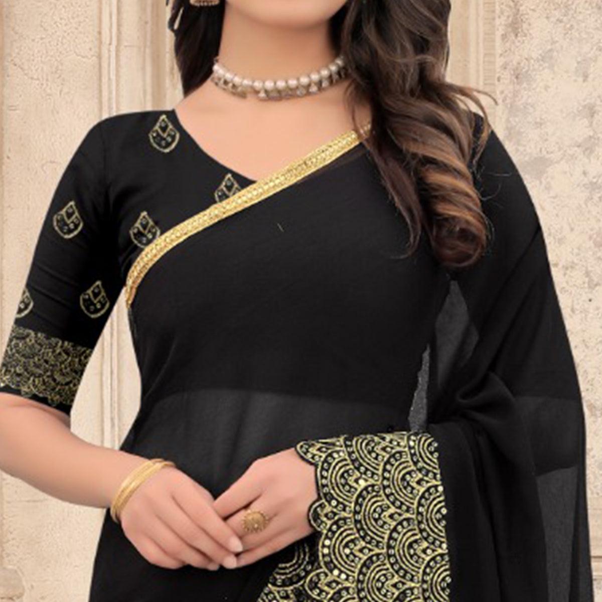 Black Partywear Sequins Embroidered Silk Saree