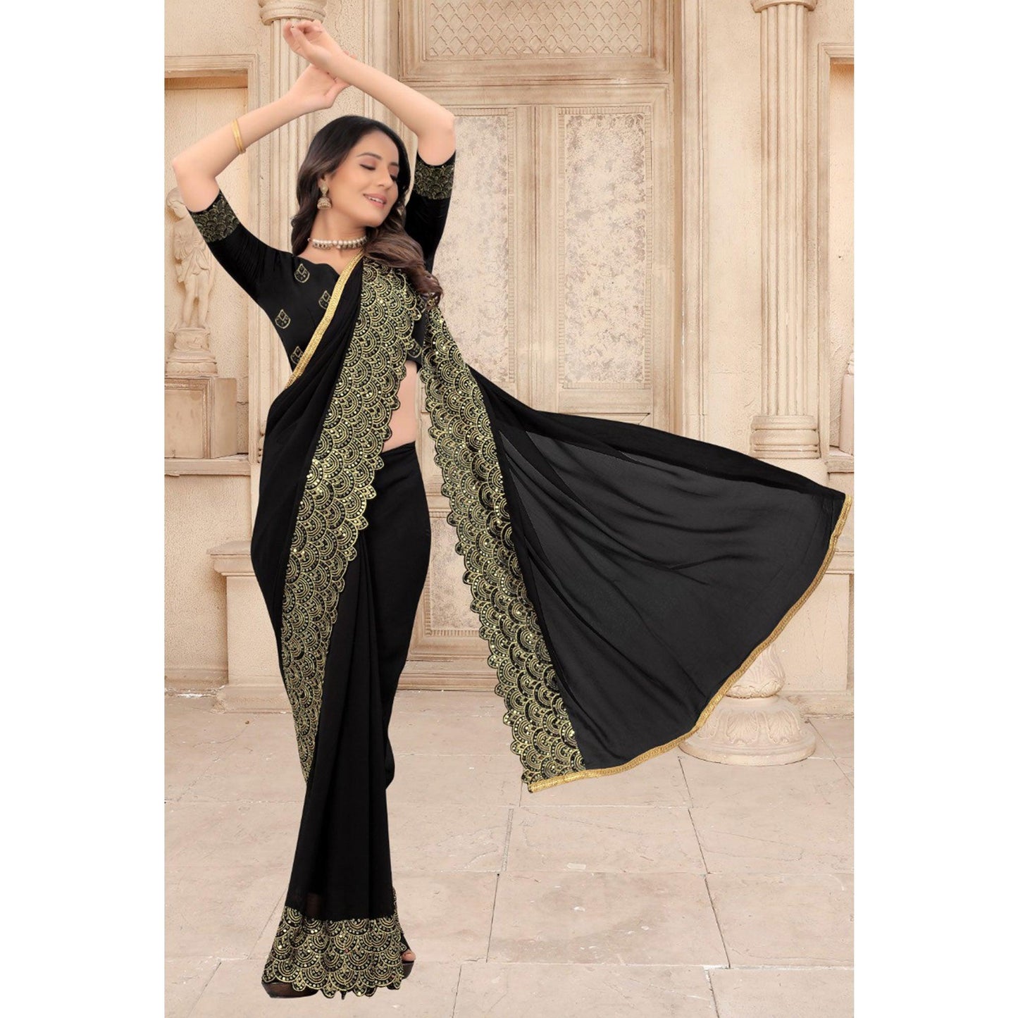 Black Partywear Sequins Embroidered Silk Saree