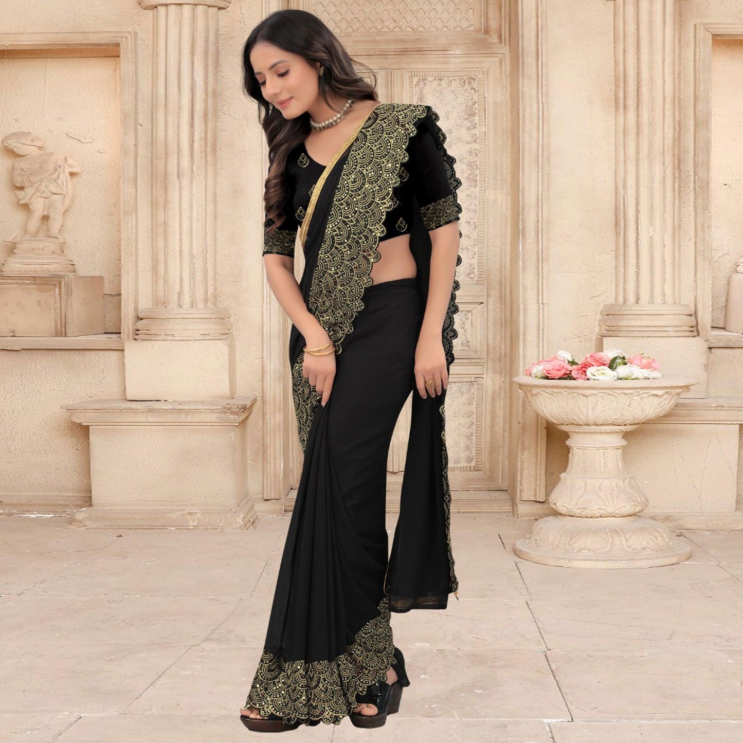 Black Partywear Sequins Embroidered Silk Saree