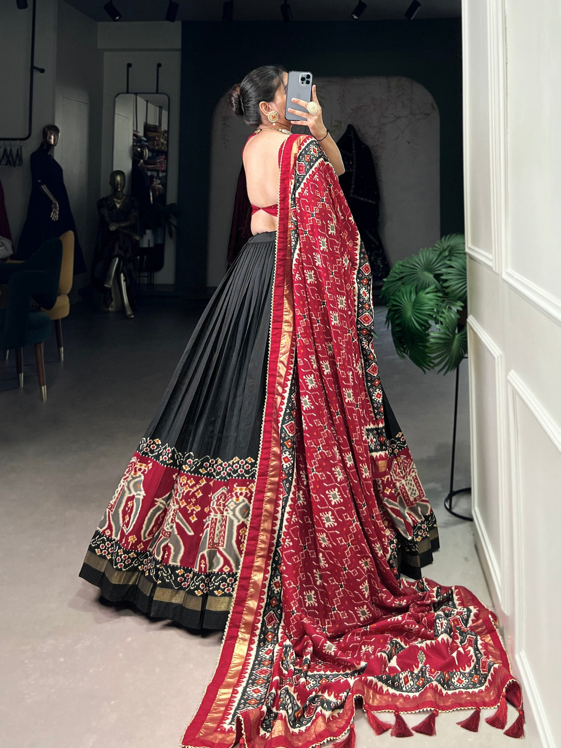 Black Patola Print Tussar Silk Lehenga Set with Gotta Patti Dupatta