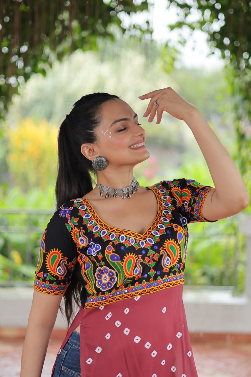 Black & Pink shade Navratri Special Printed Rayon Kurti with Kutchi Gamthi Embroidery & Pan Neck