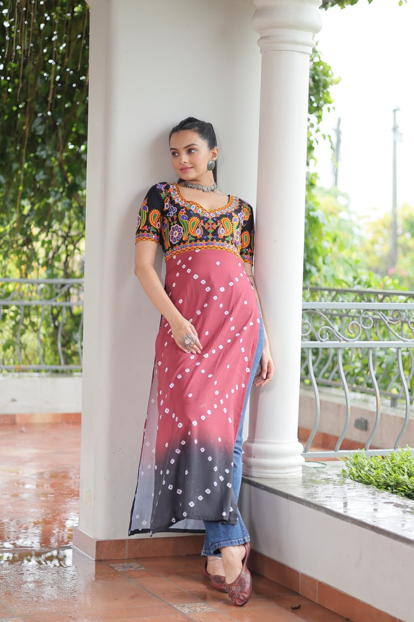 Black & Pink shade Navratri Special Printed Rayon Kurti with Kutchi Gamthi Embroidery & Pan Neck