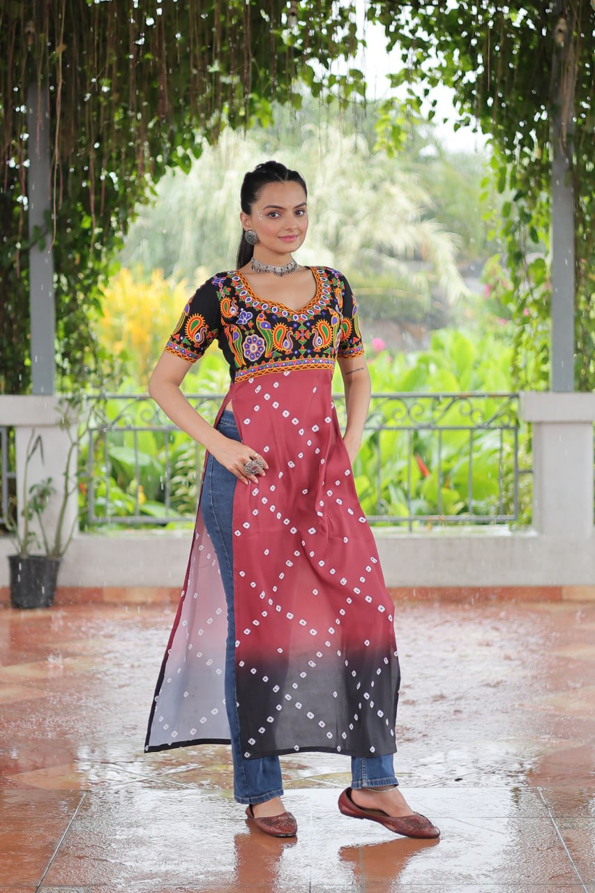 Black & Pink shade Navratri Special Printed Rayon Kurti with Kutchi Gamthi Embroidery & Pan Neck