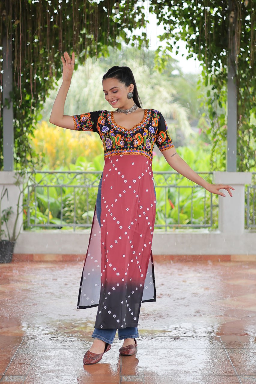 Black & Pink shade Navratri Special Printed Rayon Kurti with Kutchi Gamthi Embroidery & Pan Neck