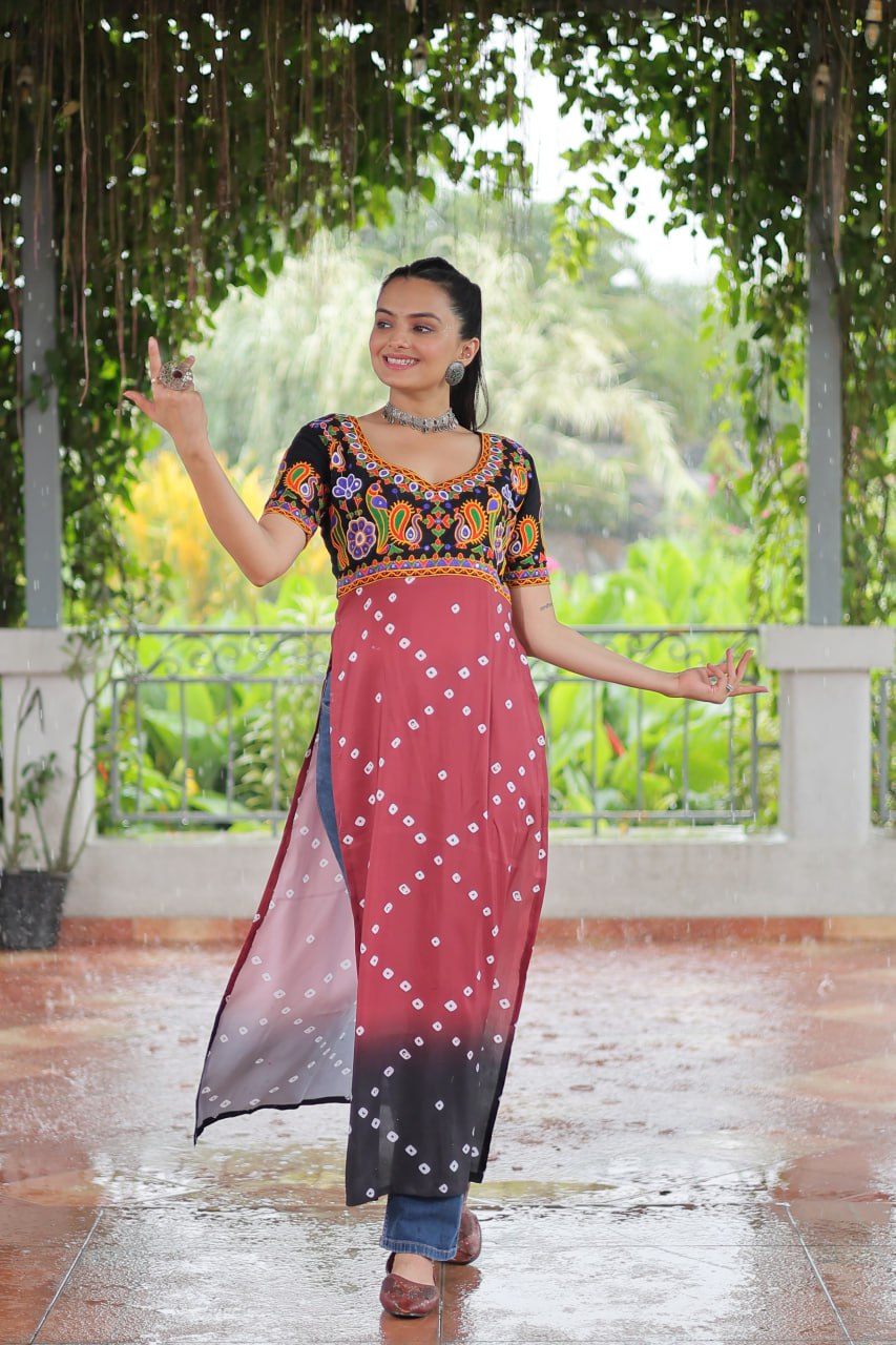Black & Pink shade Navratri Special Printed Rayon Kurti with Kutchi Gamthi Embroidery & Pan Neck