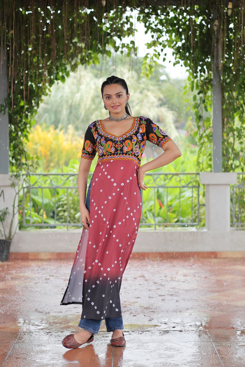 Black & Pink shade Navratri Special Printed Rayon Kurti with Kutchi Gamthi Embroidery & Pan Neck