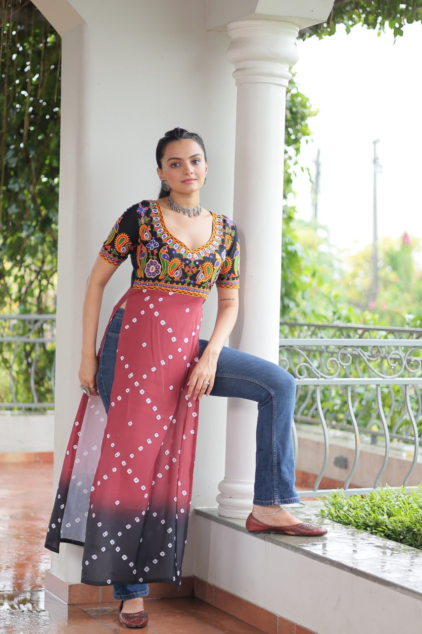 Black & Pink shade Navratri Special Printed Rayon Kurti with Kutchi Gamthi Embroidery & Pan Neck