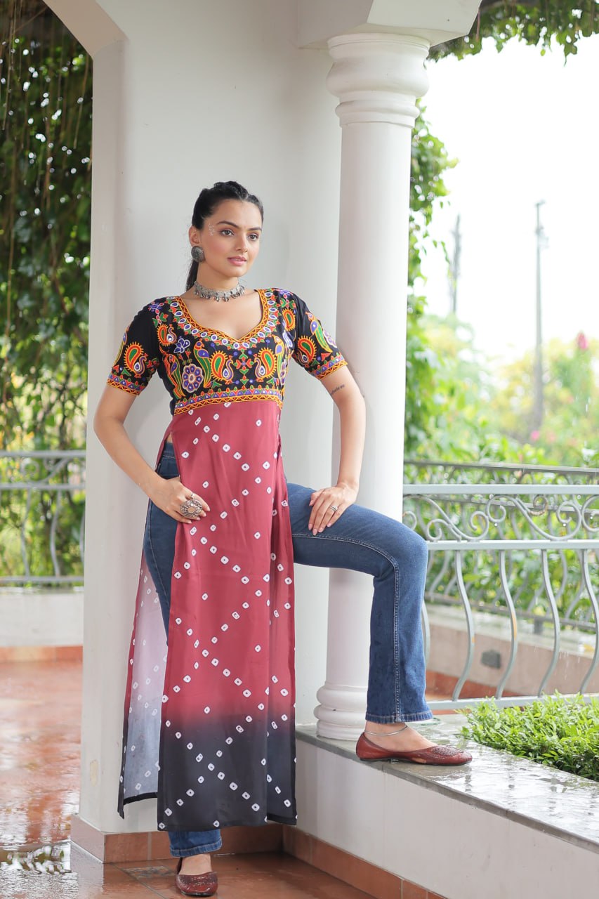 Black & Pink shade Navratri Special Printed Rayon Kurti with Kutchi Gamthi Embroidery & Pan Neck