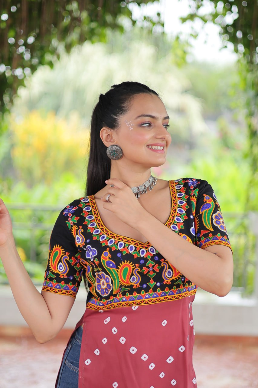 Black & Pink shade Navratri Special Printed Rayon Kurti with Kutchi Gamthi Embroidery & Pan Neck