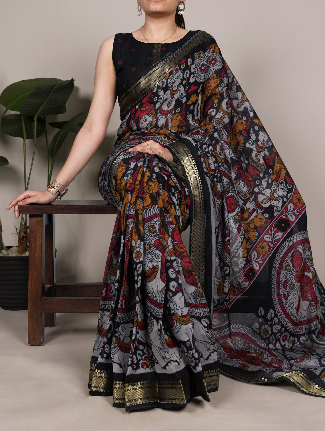 Black Polyester Kalamkari Print Saree