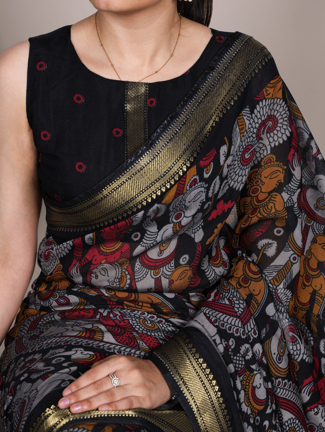 Black Polyester Kalamkari Print Saree