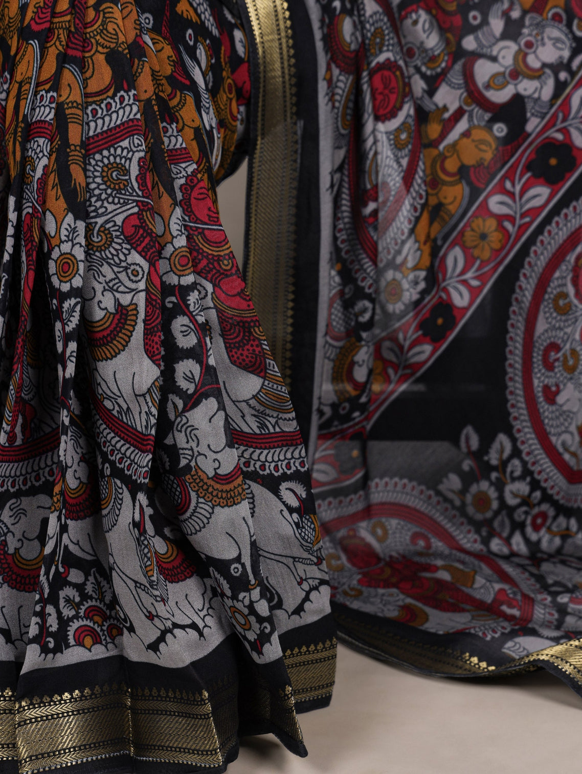 Black Polyester Kalamkari Print Saree