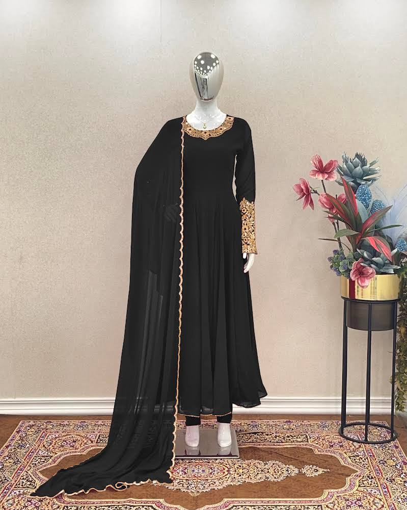 Black Premium Designer Party Wear Anarkali Gown, Dupatta & Bottom Set