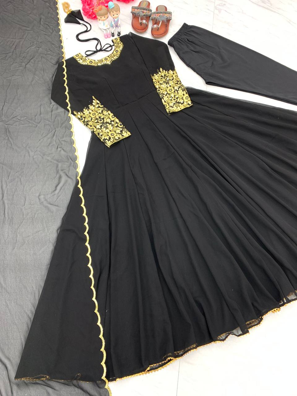 Black Premium Designer Party Wear Anarkali Gown, Dupatta & Bottom Set