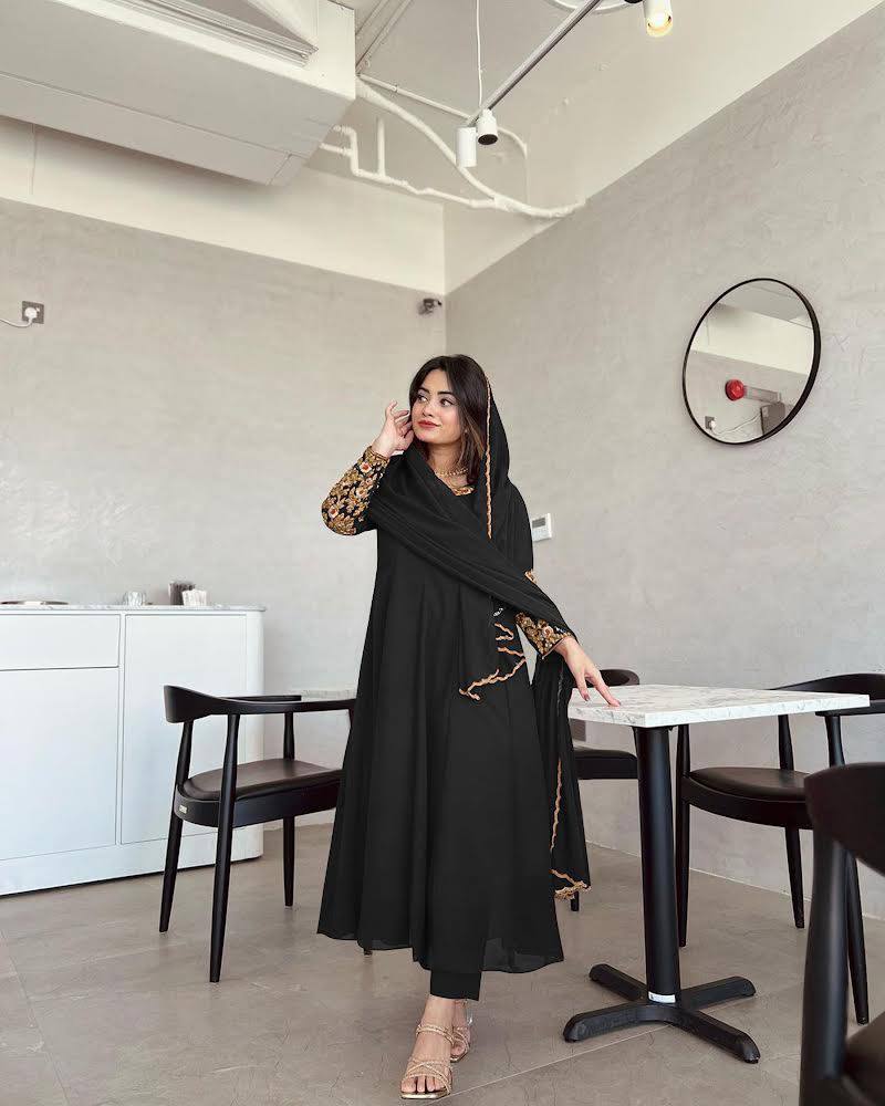 Black Premium Designer Party Wear Anarkali Gown, Dupatta & Bottom Set