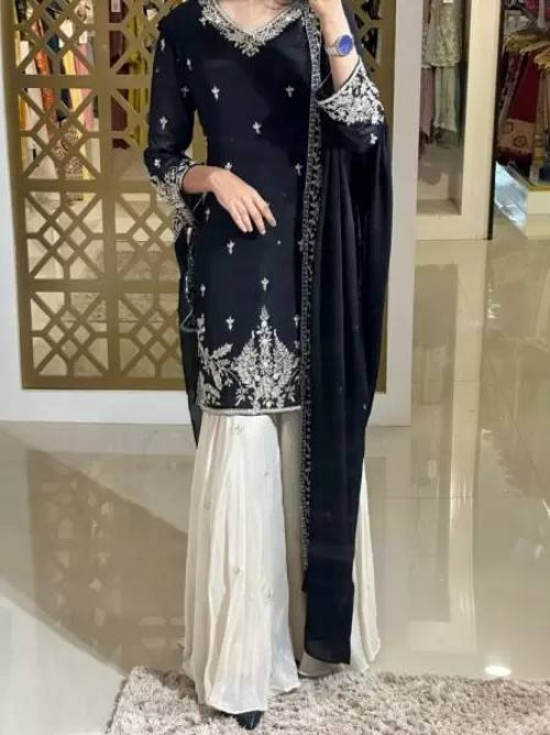 Black Premium Designer Party Wear Heavy Chinon Silk Top, Palazzo & Dupatta Set