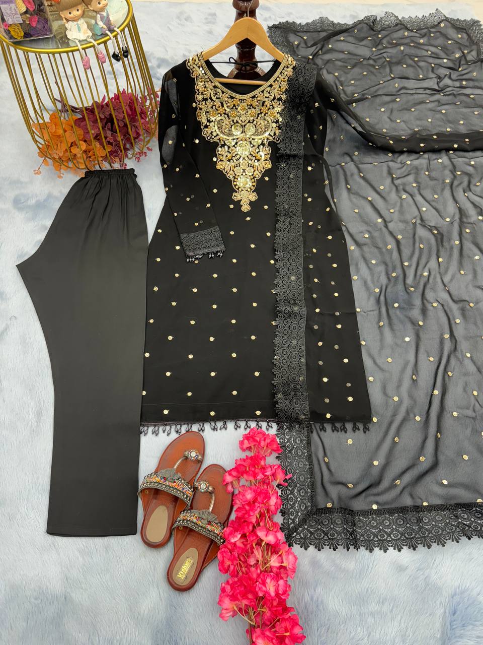Black Premium Designer Party Wear Top, Bottom & Dupatta Set