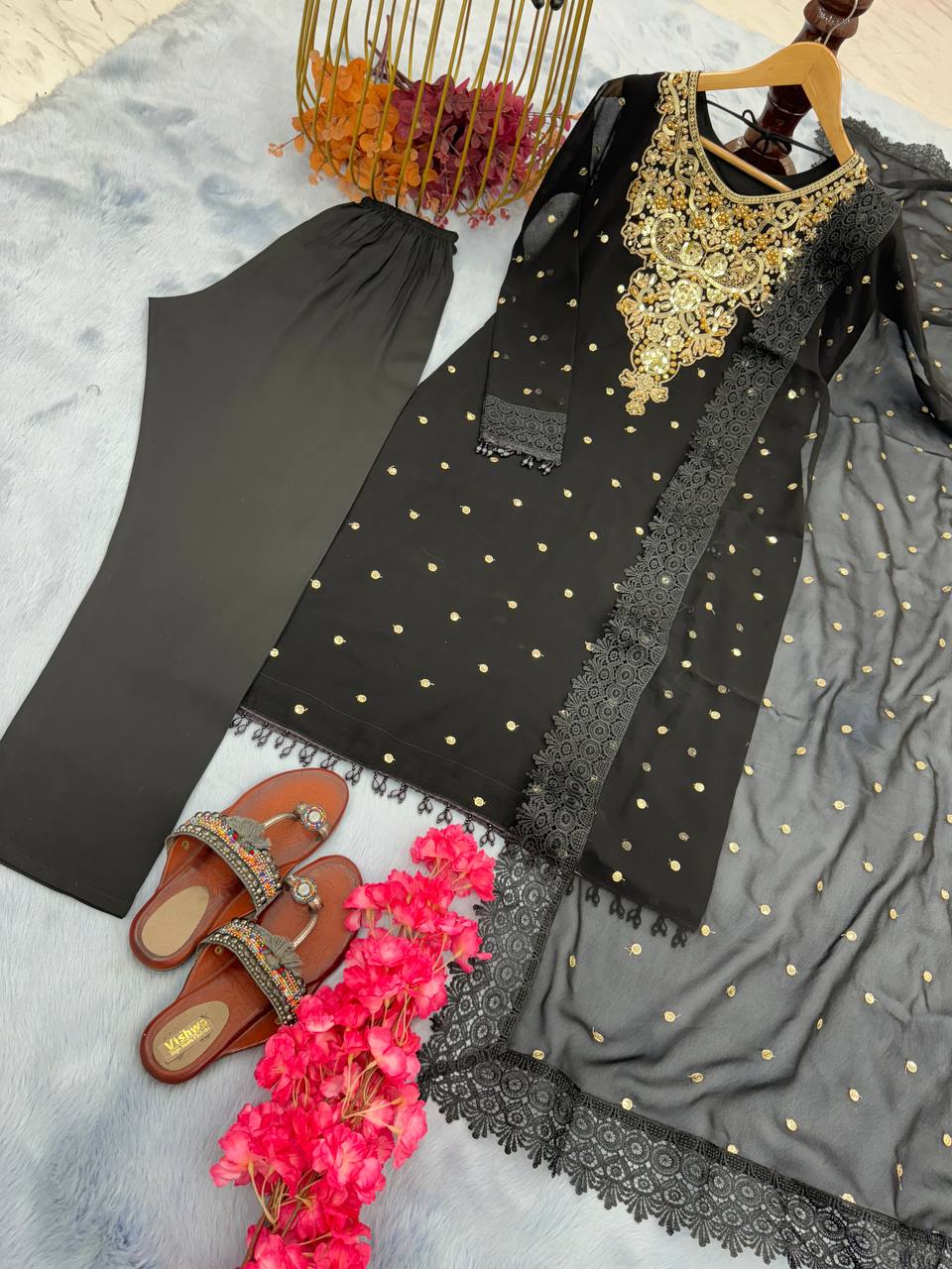 Black Premium Designer Party Wear Top, Bottom & Dupatta Set