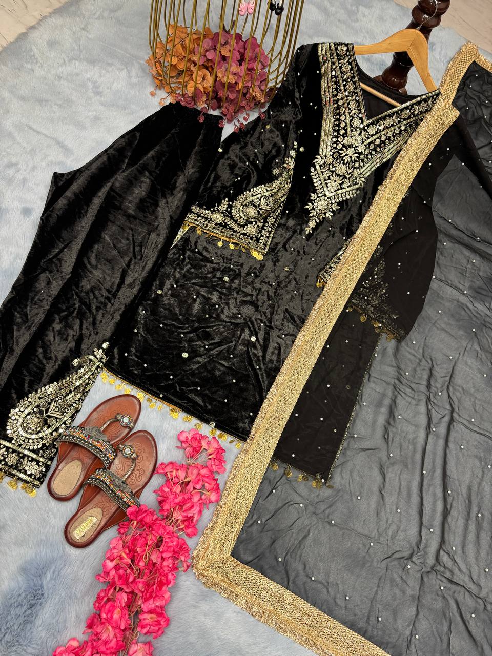 Black Premium Designer Party Wear Velvet Top, Palazzo & Dupatta Set