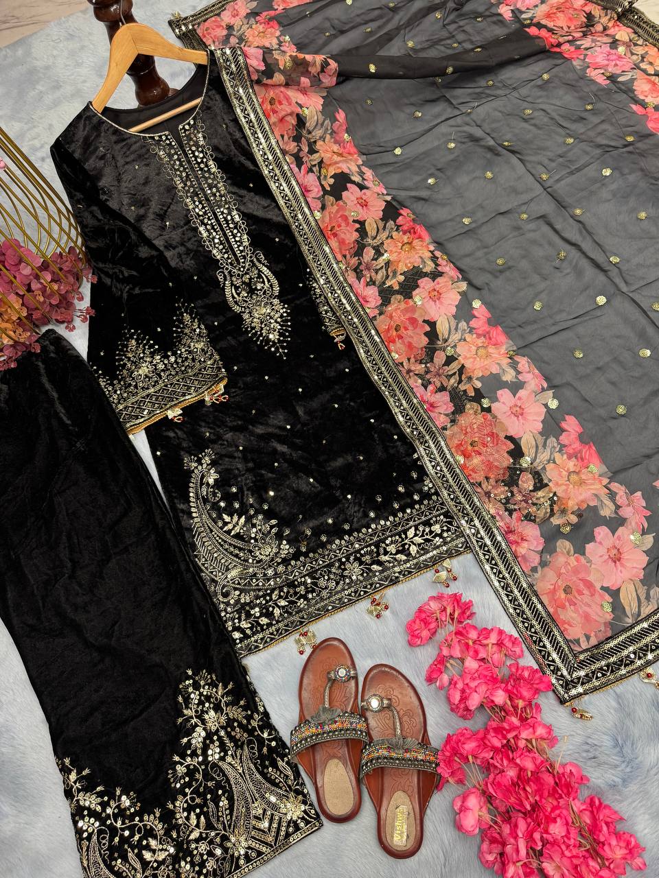 Black Premium Designer Party Wear Viscose Velvet Top, Plazzo & Dupatta Set – Elegant Festive Look