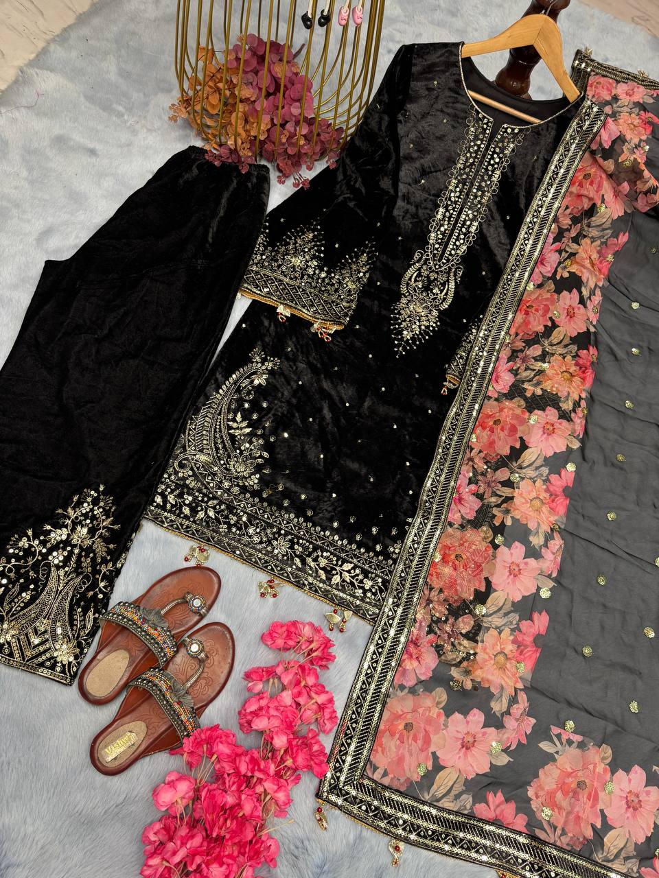 Black Premium Designer Party Wear Viscose Velvet Top, Plazzo & Dupatta Set – Elegant Festive Look