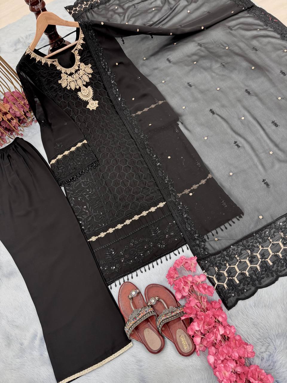 Black Premium Designer Ready-Made Party Wear Top, Plazzo & Dupatta Set