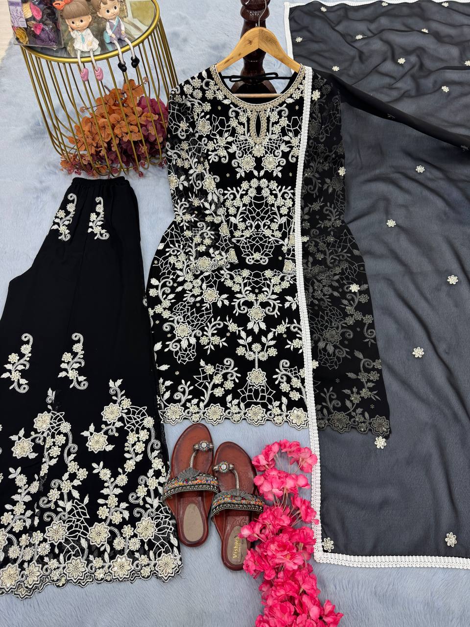 Black Premium Designer Ready-Made Party Wear Top, Plazzo & Dupatta Set