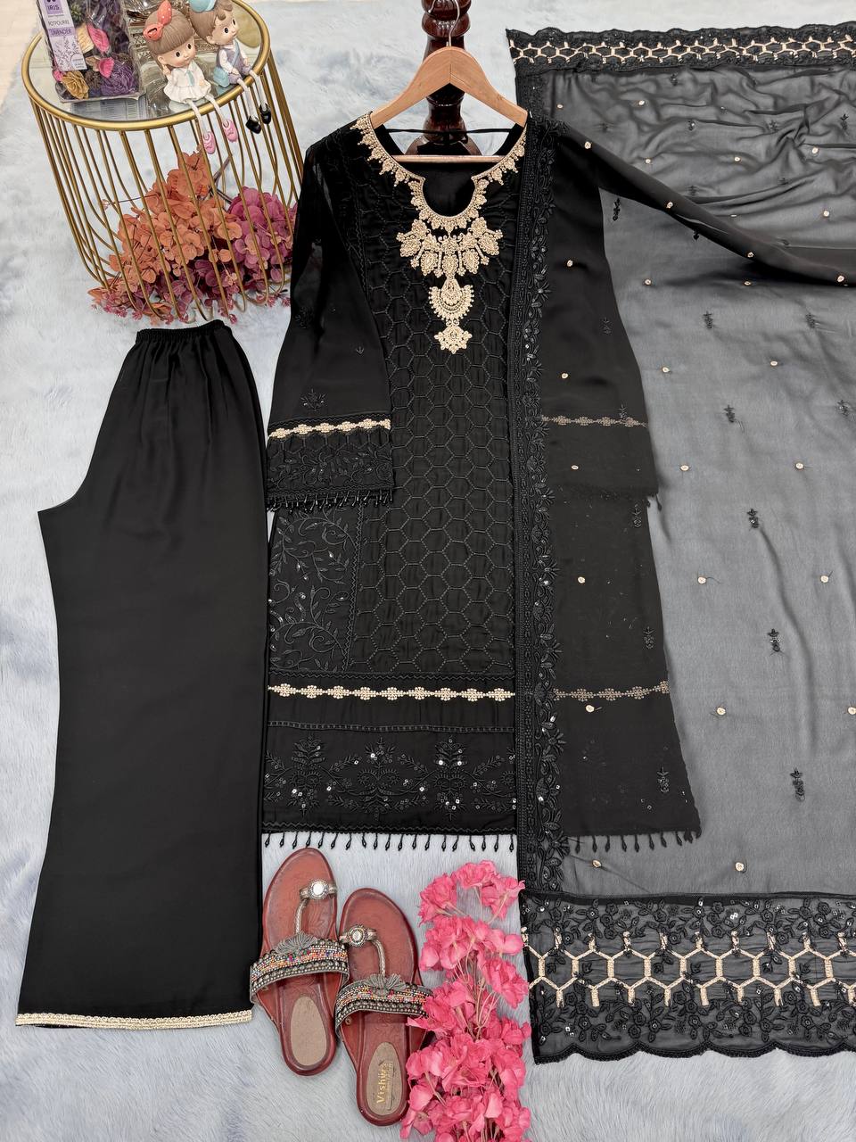 Black Premium Designer Ready-Made Party Wear Top, Plazzo & Dupatta Set