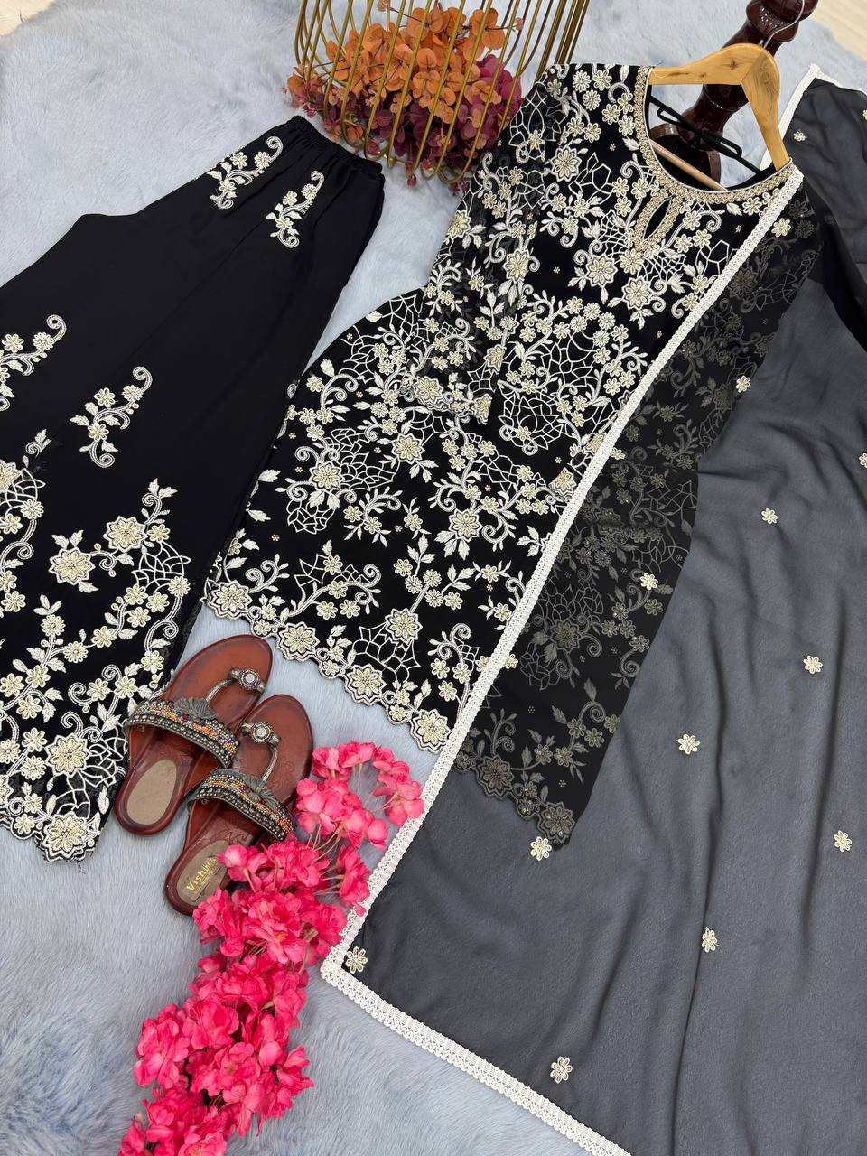 Black Premium Designer Ready-Made Party Wear Top, Plazzo & Dupatta Set
